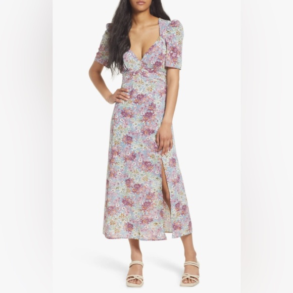 Floret Studios Dresses & Skirts - FLORET STUDIOS Blue Mauve Floral Print Empire Waist Maxi Dress SZ XS Puff Sleeve